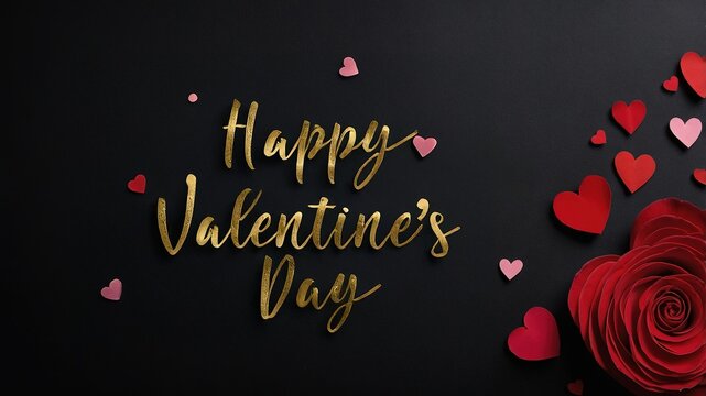 Tarjeta de san Valent&iacute;n con una rosa en la esquina inferior derecha y corazones rojos y rosas adornando la composici&oacute;n. Espacio para escribir