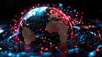 holographic globe showcasing vibrant network of connections, illuminated by dynamic red and blue lights, representing global communication and technology