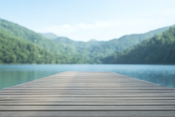 serene view of wooden pier stretching over calm blue water vibrant green mountains frame background soft sunlight adds