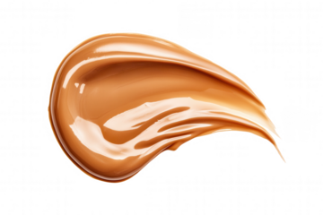 A creamy brown substance is gracefully spread on a clear, transparent surface. The texture appears smooth and glossy, suitable for various beauty and cosmetic applications in a clean and minimalistic 