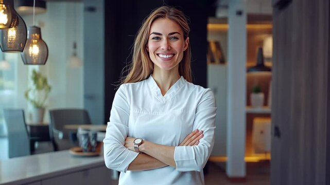 Professional and confident female doctor posing with crossed arms and smiling, portraying modern healthcare professionalism in a medical setting