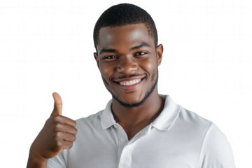 A young man with a cheerful expression displays a thumbs up gesture. He has short hair and is wearing a light colored polo shirt. His smile conveys positivity and encouragement while he stands against