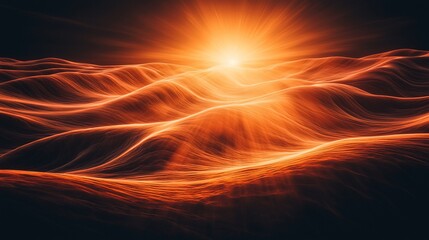 Fototapeta premium Fiery sunset over abstract, undulating landscape.
