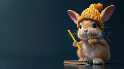 Fototapeta premium Rabbit wears a hat and carries a book and pencil on a dark blue background, AI generated image