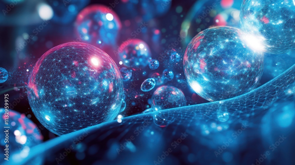 Fototapete abstract representation of molecular structures with glowing spheres and a network background.