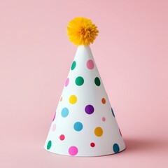 White birthday hat with colorful polka dots and yellow pom-poms, isolated.