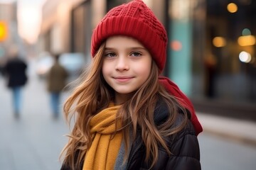 Portrait of a beautiful little girl in a red hat and scarf on the street