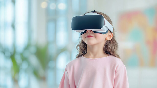 young girl wearing virtual reality goggles, immersed in digital experience, showcases future of technology in bright, modern environment
