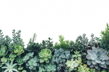A vibrant display of succulents showcases diverse shapes and shades of green against a clean white backdrop. The plants feature intricate textures and natural arrangements, perfect for enhancing any l