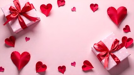 a pink background with red and white hearts on it.