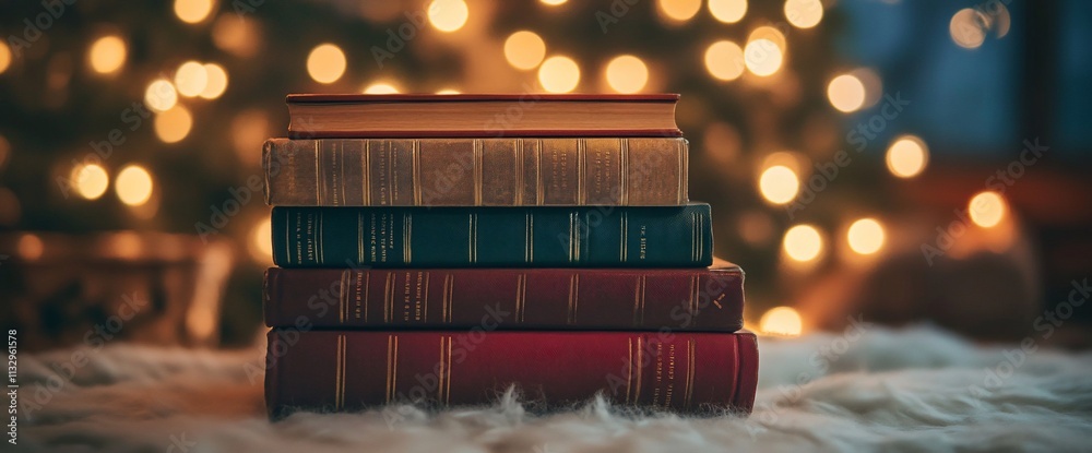 Poster a cozy stack of books in front of a softly lit holiday backdrop.