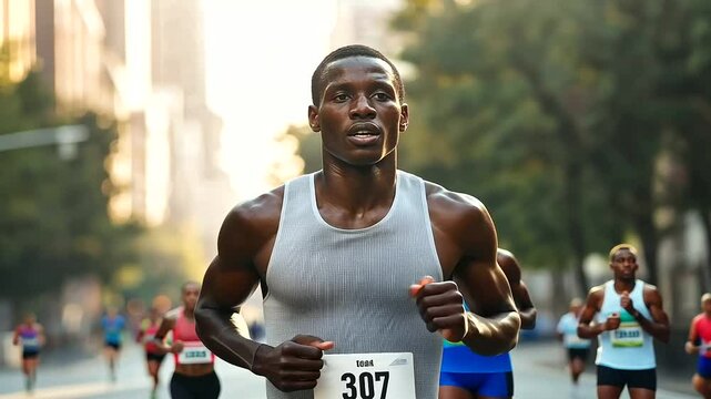 Runner Approaching Marathon Finish Line in Urban Setting