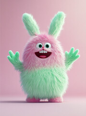Obraz premium Cute fluffy character with bunny ears and a vibrant pink and green color scheme stands cheerfully against a pastel background