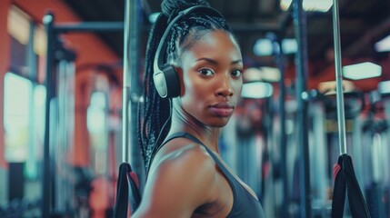 A strong young African-American sportswoman wearing headphones does back exercises with a cable machine