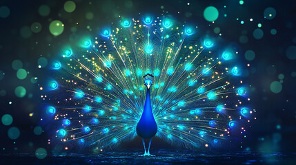 A cyber peacock icon glowing with feather display metrics, representing online wildlife observation platforms, digital birdwatching tools, and conservation initiatives. 