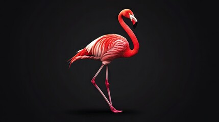Obraz premium A flamingo standing on one leg, its iconic pose highlighted against a sleek black backdrop.