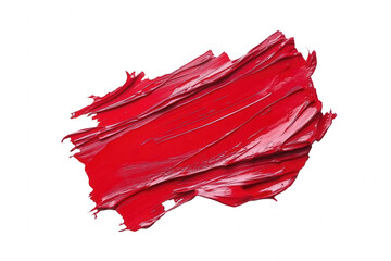 Bright red paint is spread in a dynamic manner, showcasing texture and depth. This isolated swatch can be used for various artistic projects, design work, and creative inspiration in visual arts.