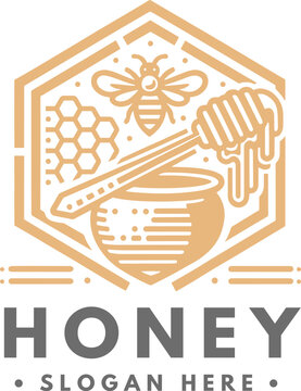 Honey logo label concept with bee symbol and honey. Vector illustration isolated on white background.