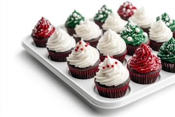 Colorful holiday cupcakes in a festive array. They feature rich red and green designs topped with fluffy white frosting. Perfect for celebrations and gatherings. Generative AI