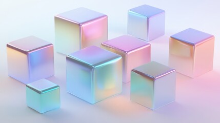 Fototapeta premium Holographic Cubes Abstract Pastel Rainbow Geometric Shapes 3D Render