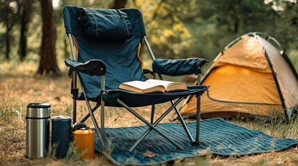A folding camp chair arranged on a camping mat, with a thermos and a book resting on the armrest.