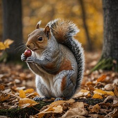 Obraz premium A cheerful squirrel with a nut in its paws surrounded by autumn colors.