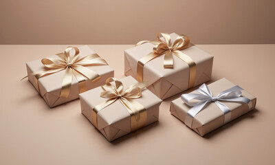 Obraz premium Mocha mousse-colored Christmas gift wrapping with satin ribbon - Christmas gifts wrapped in mocha mousse-colored paper, adorned with satin ribbons