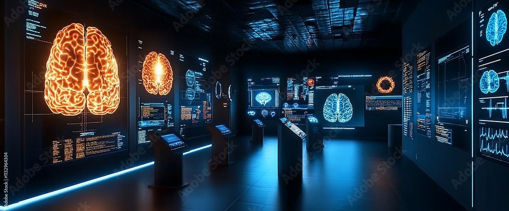 Aufkleber a futuristic display showcasing brain imagery and data analytics.