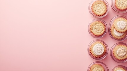 A collection of decorated cookies arranged on a pink background.