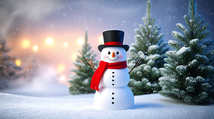 Obraz premium Festive Snowman in Snowy Landscape with Christmas Trees