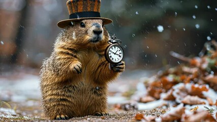 Groundhog wearing a hat and holding a pocket watch in a snowy forest