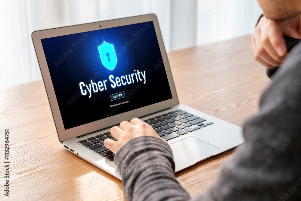 Poster cyber security system on computer screen protect private information snugly from hacker and cyber at