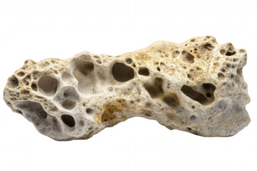 This unique rock features a porous texture and irregular shape, showcasing numerous natural holes. Its detailed surface contrasts against a transparent backdrop, highlighting the rocks intricate featu