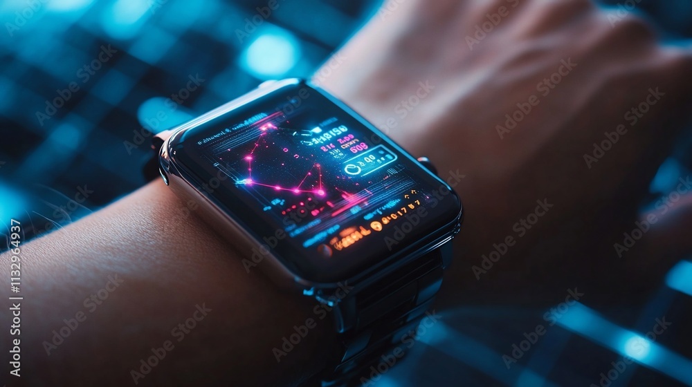 Poster a futuristic smartwatch displaying a cosmic-themed interface on a wrist.