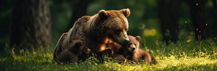 Obraz premium Brown bear with cubs in a grassy meadow. AI generated illustration.