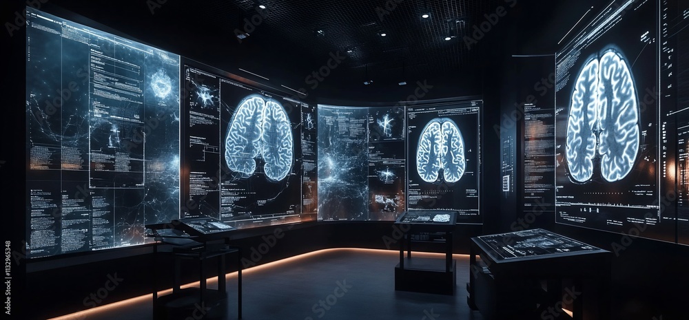 Poster A futuristic lab showcasing brain scans and data visualizations.