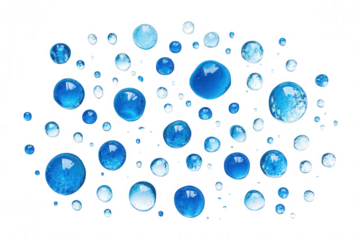 Droplets of varying sizes in shades of blue are isolated on a white background, showcasing their transparency and reflective qualities. The arrangement creates a visually appealing pattern emphasizing