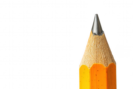 Yellow pencil stands upright on a transparent background, showcasing its finely sharpened tip. The pencil features a smooth finish and a vibrant color, ideal for writing or drawing tasks.