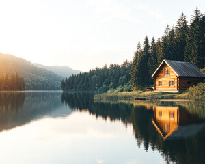 Obraz premium A cabin is on the shore of a lake, with trees in the background