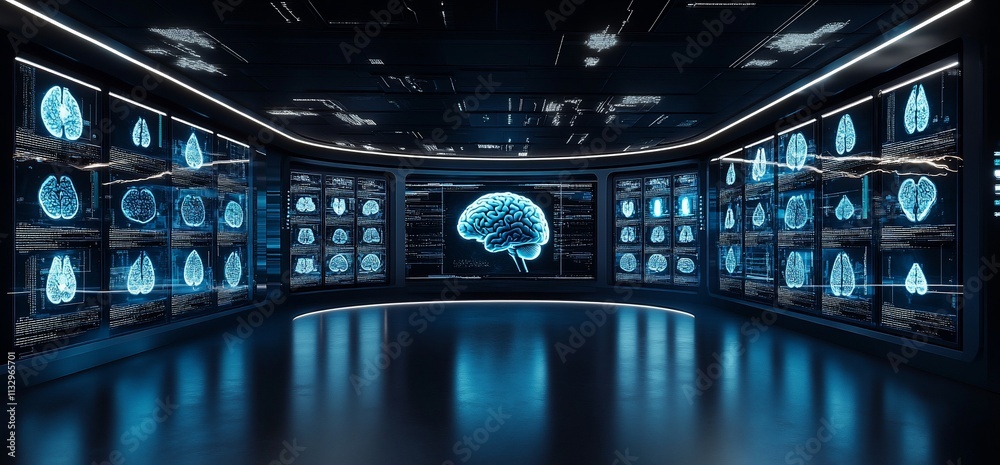 Poster a futuristic room displaying digital brain imagery and health data visualizations.