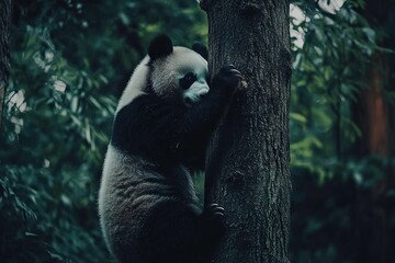 Obraz premium Panda playing in the forest, holding onto trees. AI generated illustration.