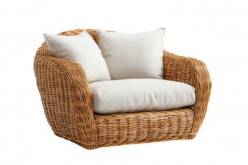 This stylish rattan chair features a round design with soft white cushions, offering a cozy seating option for relaxation. Its transparent, isolated look makes it suitable for various settings and dec