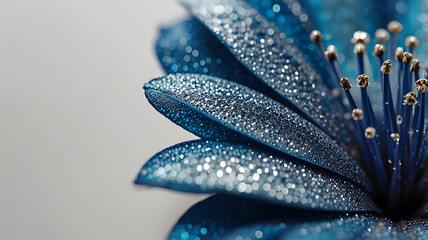 Serene Blue Flower Macro: Dew-kissed petals of a vibrant blue flower, glistening with morning dew. A close-up showcasing intricate details and textures.