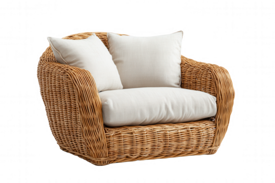 This stylish rattan chair features a round design with soft white cushions, offering a cozy seating option for relaxation. Its transparent, isolated look makes it suitable for various settings and dec