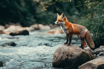 Red fox lying on rocks in winter, sleeping and cuddling. AI generated illustration.