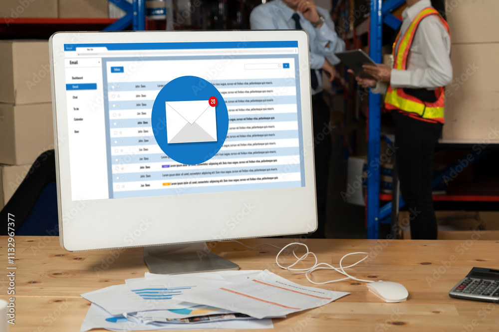 Poster email notification message showing on computer screen snugly. digital marketing message information 