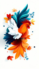 Obraz premium A vibrant rooster surrounded by colorful leaves and flowers, showcasing an artistic and playful design.