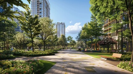 A modern, pedestrian-friendly city filled with lush greenery and tall buildings.