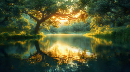 Obraz premium Sunset over a still lake, reflecting the fiery sky and towering trees in a serene autumnal forest