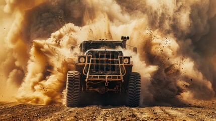 Apocalyptic monster truck driving in the desert with dust flying, crazy 4x4 max style.